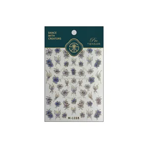 Autocollants ongles fleurs et papillons relief M-1058 avec dorure et motifs violets