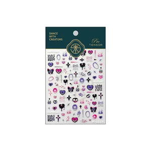Y2K gothic nail stickers with hearts, stars and flame designs in pink purple gradient