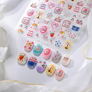 Autocollants 3D pour ongles M-1140 style japonais avec chats et motifs de cœur