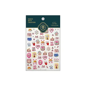 Stickers ongles 3D relief M1140 avec chats mignons, cœurs et maisons de style japonais