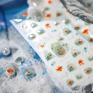 3D embossed goldfish nail art stickers with vibrant fish bowls and water bags
