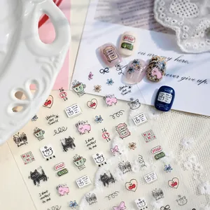 Hand Drawn Cute Cat Bunny Heart Nail Art Sticker 3D Embossed Graffiti Style DIY Manicure Decoration Decal For Women Girls