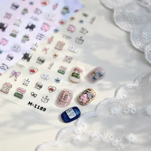 Minimalist hand-drawn cat and floral nail stickers M-1189 with butterfly and heart patterns