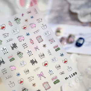 Cute minimalist hand-drawn cat and rabbit nail art stickers with colorful doodles
