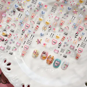 Detail of cute panda and cat nail stickers with colorful hearts and rainbow art M-1187