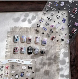 Détail de stickers à ongles gaufrés coréens M-1201 avec chats et nœuds mignons