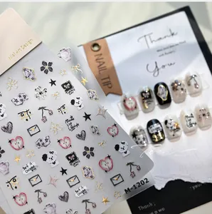 Detailed view of M-1202 3D embossed nail stickers with cartoon dogs and heart designs