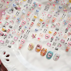 Cute cartoon bear and cat nail stickers with rainbow and heart patterns for kids