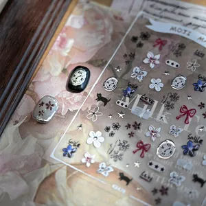 Stickers ongles 3D en relief avec fleurs chats et nœuds de style coréen KL-078