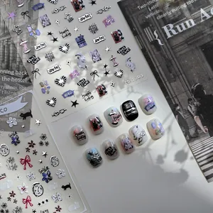 Autocollants d'ongles en relief style coréen avec motifs de chats et nœuds mignons