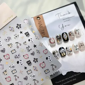 3D embossed nail stickers featuring cute hand-drawn dogs, hearts, and cherry patterns M-1202