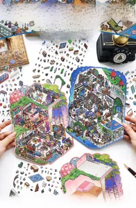 Macro view of detailed pink and blue interior scene stickers for DIY scrapbooking