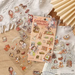 Country vacation style cartoon sticker set with girl and vintage items for DIY journaling