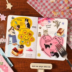 Cute cartoon cat and dog plush theme DIY stickers on a minimalist open journal notebook
