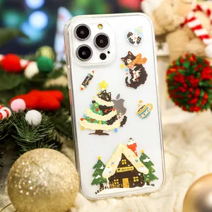 Custodia trasparente per iPhone con gatti neri a tema natalizio e decoro festivo