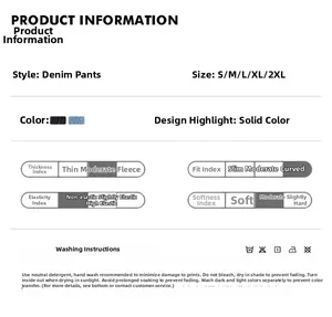 Size chart and technical specifications for vintage relaxed fit curved denim trousers