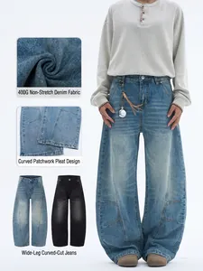 Men's Baggy Jeans American Vintage Washed Deconstructed Curved Leg Denim Pants Oversized Loose Spliced Casual Trousers
