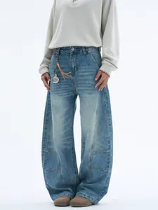 Men's American retro washed light blue curved leg denim jeans with silhouette seam details