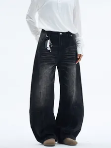 Retro washed charcoal wide-leg jeans with curved seam construction and loose fit