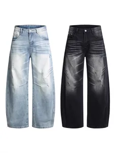 American style wide-leg distressed jeans with pleated details and washed finish for men