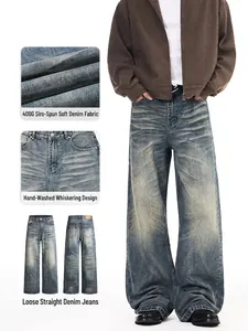 Men's American Retro Washed Distressed Whiskers Jeans Loose Straight Vintage Denim Pants Streetwear For Men Youth