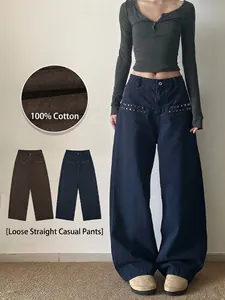 Men Women American Retro Star Studded Rivet Loose Straight Wide Leg Casual Pants 100% Cotton Streetwear Cargo Trousers
