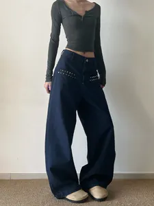 Dark blue wide-leg jeans with star rivets and loose straight fit for men and women