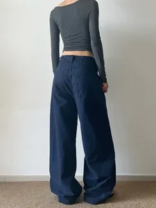 Men's dark blue wide-leg casual pants with star rivets and large rear pockets