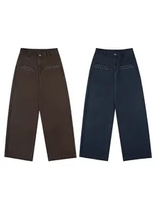 American streetwear loose straight trousers with silver star studs in brown and navy