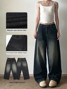 Jeans Vintage Américain Bleu Noir Homme Femme Streetwear Moustaches de Chat Peintes à la Main Ample Jambe Large Pantalon Denim Droit