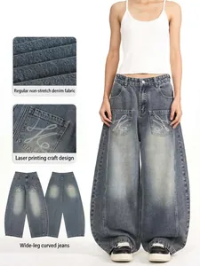 American Retro Wide Leg Jeans Loose Baggy Curved Blade Denim Pants Vintage Wash Streetwear Casual Multi Pocket Trousers