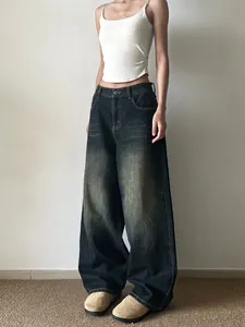 Jean ample rétro bleu-noir à jambe large et taille haute pour un look streetwear décontracté