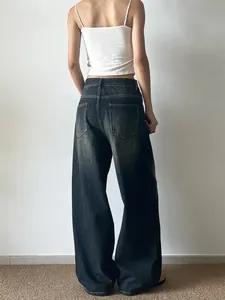Jean vintage à taille haute et jambe large pour femme en délavage bleu foncé vieilli