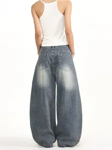 Retro washed dark blue high waisted wide leg baggy jeans with oversized street style cut