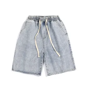 Men's light blue loose denim shorts with elastic drawstring waist for summer wear