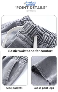 Dettaglio jeans grigi con elastico in vita, coulisse, tasche laterali e fondo gamba