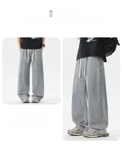 Vista frontale e laterale dei jeans da uomo grigio chiaro a gamba larga con coulisse