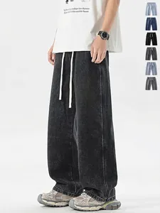 Jeans Uomo Larghi a Gamba Larga Con Coulisse in Vita Pantaloni in Denim Dritti Casual Lavati Streetwear Vintage