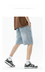 Detail view of light blue denim shorts with tailored fit and classic five-pocket design