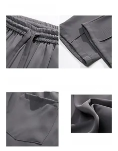 Detailansicht der dunkelgrauen Eisseidenhose mit Kordelzug am Bund und glatter Textur