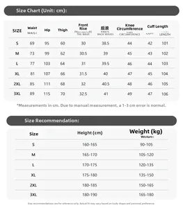 Detailed size chart for men's double knee carpenter pants with S to 3XL measurements