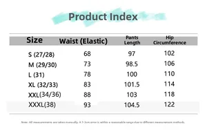 Size guide table for men's straight leg denim pants showing waist, length, and hip measurements