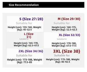 Men's retro straight denim pants size chart with height and weight recommendations