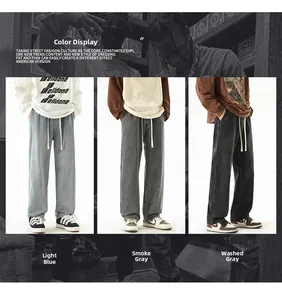 Three-color display of baggy straight-leg jeans in washed blue charcoal and distressed grey