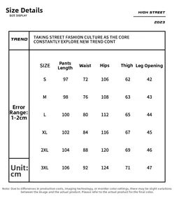 Detailed size chart for men's straight leg denim jeans showing S to 3XL measurements