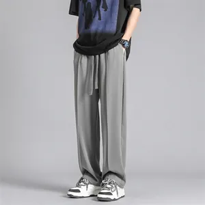 Herren Eisseide Casual Hose Mit Weitem Bein Lockere Passform Kordelzug Elastischer Bund Gerade Hose Einfarbig Koreanischer Stil