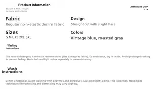 Detail chart of vintage blue wash flared jeans with size guide and fabric information