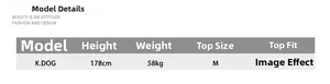 Size guide showing model K.DOG, 178cm and 58kg, wearing size M for these flared jeans