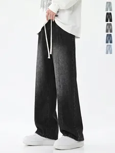 Jeans en Denim Dégradé Vintage Américain pour Hommes Pantalons Longs Décontractés à Jambes Larges et Droites Avec Cordon de Serrage à la Taille Streetwear