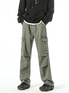 Men's Retro Japanese Loose Wide Leg Multi Pocket Cargo Jeans Cotton Blend Straight Work Pants Streetwear Trousers